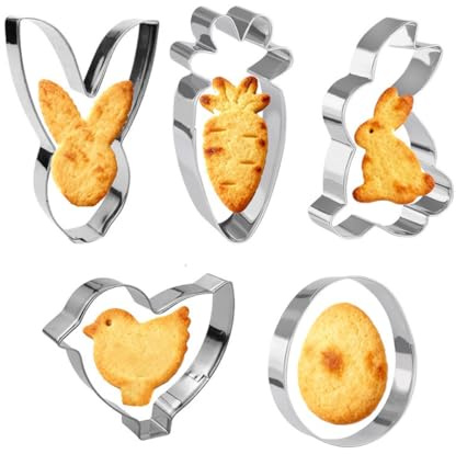 CATZUM Set di 5 Formine per Biscotti di Pasqua, Tagliabiscotti in Acciaio Inox per Dolci, Set Pasquale (Coniglio, Pulcino, Uovo, Testa di Coniglio)