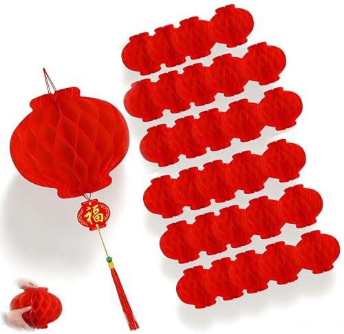 30 Stück Papierlaternen, Rot Hängende Lampions Faltbare wasserdichte Rote Papierlaterne für Chinesisches Neujahrsfest Frühlingsfest Party Feier Dekoration (15 * 36cm)
