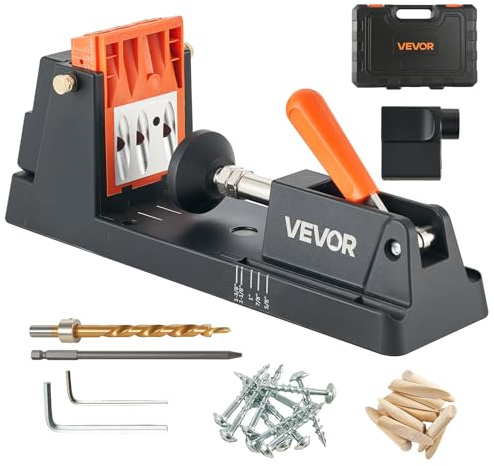 VEVOR Kit de Gabarit de Trou de Poche, Guide de Perçage Oblique, Réglable de 12,7 à 38,1 mm, pour la Menuiserie, avec Adaptateur de Collecte des Poussières, Bloc Guide Amovible, Foret, Bague de Butée