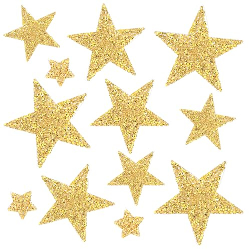 12 PCS Gold Star Iron on Patches, Glitter Rhinestone Adhesive Applique Stars Sequin Vintage Patch Fabric Patch for Clothing Jeans Bags Hats Repair Decoration(4 Size)