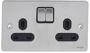 Schneider Electric Ultimate Flat Plate - Switched Double Power Socket, Double Pole, 13A, GU3220BSS, Stainless Steel with Black Insert, 2 Gangs