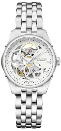 Hamilton Watch Jazzmaster Skeleton Lady Swiss Automatikuhr 36 mm Gehäuse, weißes Zifferblatt, silberfarbenes Edelstahlarmband (Modell: H32405111)