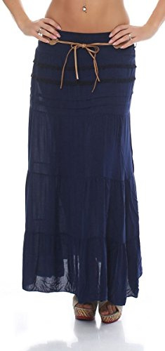 Malito – Rock Damen bodenlang aus Baumwolle mit elegantem Strickmuster & Kunstleder Gürtel – Maxi Rock lang mit breitem Bund – Luftiger Sommerrock 1116 (Dunkelblau 34-40)