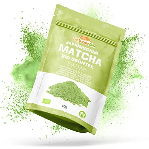 NaturaleBio Tè Verde Matcha Biologico in Polvere 50g. Grado Culinario. The Matcha Prodotto in Giappone. Ideale per Dolci, Frullati, Tè freddo, Latte e in Cucina come Ingrediente nelle Ricette