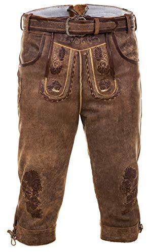 Bayerische Traditionelle Kniebund Lederhose Thomas mit passenden Trachtengürtel , Braun, Gr. 64
