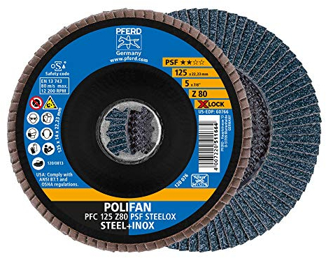 PFERD Fächerscheibe POLIFAN, 10 Stück, 125mm, Z80, X-LOCK (22,23 mm), PSF STEELOX, 67668126 – für hohe Wirtschaftlichkeit durch aggressive Zerspanung bei guter Standzeit