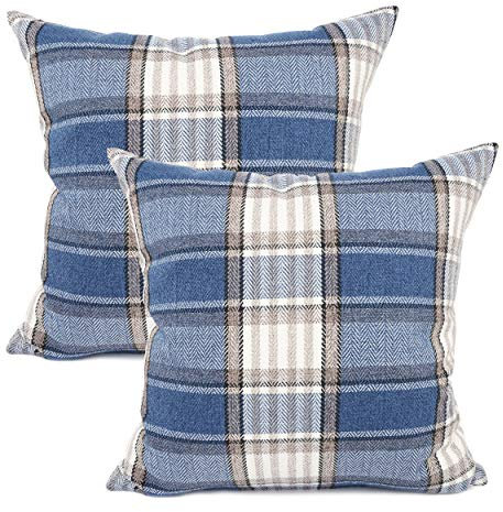 YOUR SMILE Set von 2 Retro-Kissenbezügen für drinnen und draußen, Büffelschottenkaro, gestreift, kariert, Baumwolle, Leinen, dekorativer Überwurf, Kissenbezug Sofa, Stuhl, marineblau, 55,9 x cm