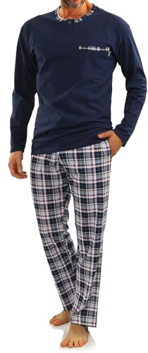 sesto senso Herren Schlafanzug Lang Pyjama 100% Baumwolle Langarm Shirt mit Tasche Pyjamahose Zweiteilig Set Nachtwäsche