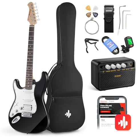 Donner Set di Chitarra elettrica per principianti mancini 39 pollici, pickup S-S-H con amplificatore, borsa, tracolla, corde, accordatore, cavo, plettri, DST100