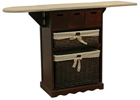 Mueble Planchero de Madera Oscura y Mimbre para Cuarto de la Colada - Mueble para Planchar (60 * 36 * 87)