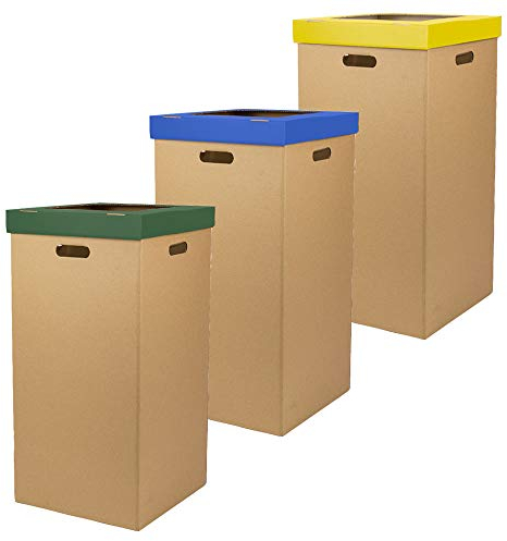 ONLY BOXES, Papelera de Cartón, Papelera con Tapa, Dimensiones 37 x 36 x 70 cm (largoxanchoxalto), Pack de 3 Unidades, Colores Verde, Azul y Amarilla