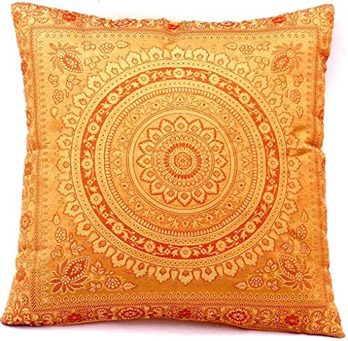 Ruwado Handgewebt und Handgefertigt Indische Banarasi Seide Dekokissen, Kissenüberzug, Kissenhülle, Kissenbezug, Zierkissenbezug - Mandala Muster 40 x 40 cm | 16 x 16 Zoll, Golden
