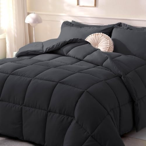 DOWNCOOL Daunen-Alternative gesteppte Steppdecke, schwarz, leichter Bettdecken-Einsatz oder alleinstehendes Schmusetuch mit Ecklaschen, Queen-Size-Bett 224,4 x 23,9 cm