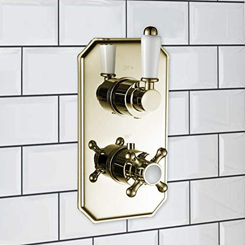 ENKI, Regent, TSV035, Gold White Single Twin Concealed Thermostatic Mixer Tap Shower Outle Valve for Bathrooms, Traditional Victorian Style