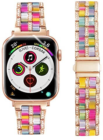 DEALELE Correas compatibles con iWatch de 38 mm, 42 mm, 40 mm, 44 mm, resina de lujo, correa de acero de repuesto para Apple Watch Series 6/5/4/3/SE para mujeres y hombres (42/44 mm, Rose-Rainbow)
