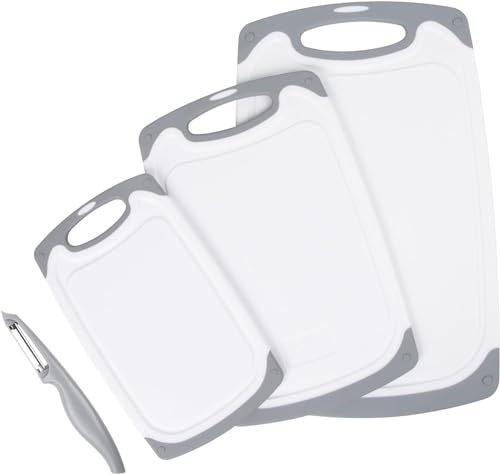 Albert Austin Plastic Cutting Board Set of 3 with Peeler Kitchen Dishwasher Safe Anti Slip Chopping Board with Hanging Hole Handle Juice Groove Large Medium Small BPA Free Board for Vegetable Meat