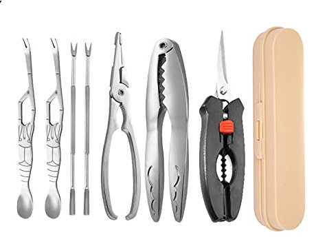 Ustensiles de Crustacés Les outils de fruits de mer de 7 pièces comprennent 2 craquelins de crabe, 2 pics de homard, 2 fourchettes de jambe de crabe et 1 ciseaux de fruits de mer et boîte de rangement