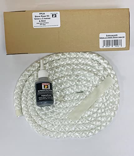 PotteryproUK PPUK Stove Rope 12mm x 3 metres & 50ml Glue Kit for Woodburners Log Burner Pizza Oven. Door Seal kit., White Rope Black Glue