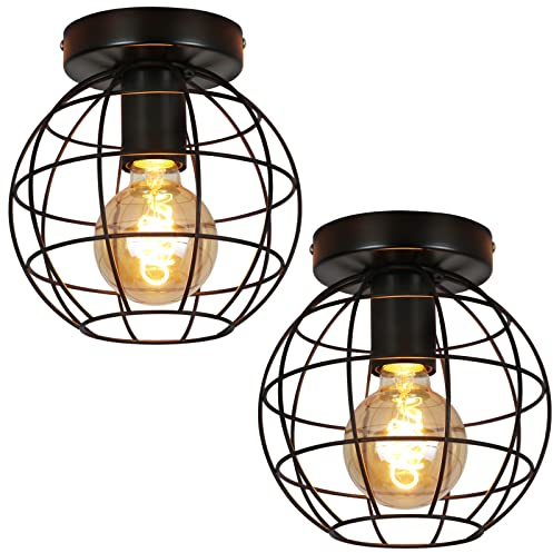 ZMH 2ER Deckenleuchte vintage Deckenlampe flur - schwarz Retro Lampe E27 Fassung industrielle runde Flurlampe aus metall leuchte für gang küche schlafzimmer wohnzimmer - max 40W - Ø180mm