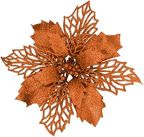 YYCRAFT Glitter Poinsettia Flowers 6 Inch for Christmas Tree Ornaments Christmas Decorations-12pcs,Orange