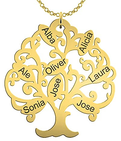 Collar Árbol de la Vida Personalizado Plata Chapado en Oro 18k - Colgante Nombre Dorado - Regalo Joya Navidad, Aniversario, Día de la Madre - Ideas Regalos Cumpleaños Mujer, Madre, Abuela (8 Nombres)