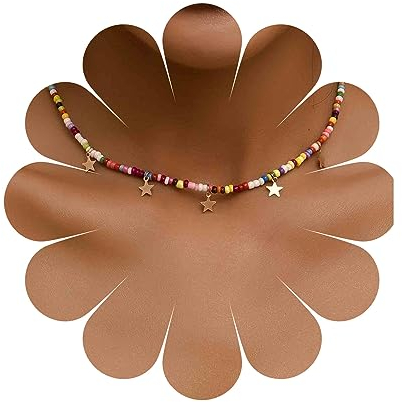 Yheakne Boho Bunte Saatgut Perlen Halskette Halskette Kurz Regenbogen Perlen Halskette Gold Stern Baumeln Halskette Mehrfarbig Kragen Halskette Kette Schmuck Für Frauen Und Mädchen
