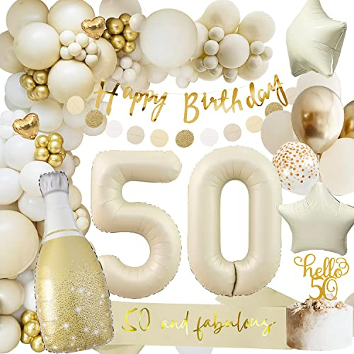 50 Geburtstag Deko, 50 Geburtstag Frauen Männer, Geburtstagsdeko 50, Beige Gold Ballon Deko mit Happy Birthday Girlande, Deko 50. Geburtstag Luftballons für 50. Geburtstag Dekorationen