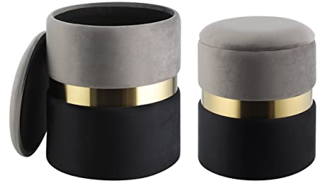 EGLO LIVING 2er Set Hocker mit Stauraum Mashike, Elegante Sitzhocker, runde Couch Beistellhocker, Pouf aus Samt in Grau-Schwarz und Metall in Gold, Samthocker Ø 36 cm