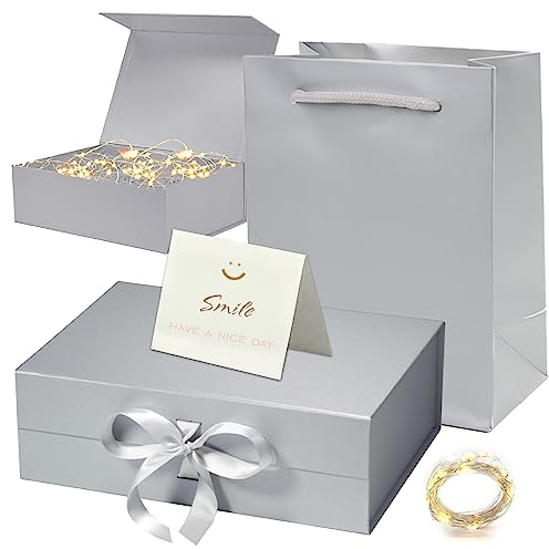 Geschenkbox mit Deckel,Geschenkbox mit Schleifen,Dekorative Box,LED-Lichterkette,Raffia Hamper Shreds,Geschenk Verpackungsbox für Hochzeit Geburtstag