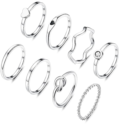 KALVICA 8 Stück 2mm Ring Set Silber/Gold für Damen Edelstahl Plain Dünn Herz Knoten Twist Ringe Set Minimalistisch Stapelbarer Daumen Knöchel Finger Ring