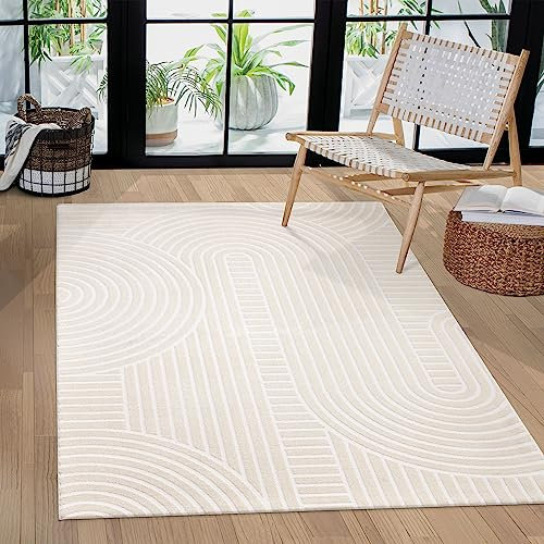 Paco Home Teppich Wohnzimmer Schlafzimmer Modern Kurzflor Skandinavisches Boho Muster Regenbogen japandi Geometrisch 3D Effekt Creme, Grösse:200x290 cm, Farbe:Creme