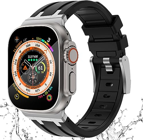 KADES 49 mm, 46 mm, 45 mm, 44 mm, per Apple Watch, cinturino sportivo in silicone con adattatore in acciaio inox, per Apple Watch, Ultra 2, Series 10/9/8/7/6/5/4/SE, serie 3/2/1 42 mm, nero