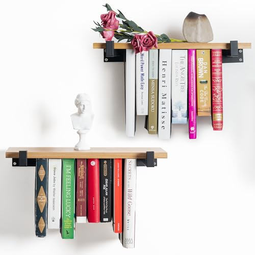 VEBAVO Schwebende Bücherregale, 2er-Set, doppelte Aufbewahrung, einzigartiges Wand-Bücherregal, Naturholz & Metallhalterungen, Bücherregal, Wandhalterung, platzsparendes hängendes Bücherregal, 16,5 x