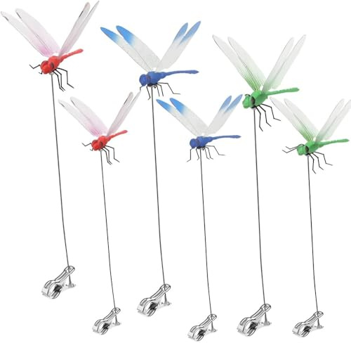 6 Stück Libellen Clip,3D Libellen Gartenstecker,Dragonfly Garten Pfähle,Fliegenschreck,Kolibri Pfähle,Hirsch und Pferdefliegenschreck,Gartenvögel und Fliegen,Abschreckgeräte für drinnen und draußen