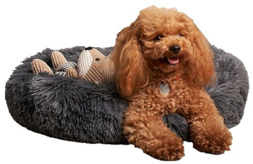 OHS Dog Donut Bed Charcoal Grey, Teddy Soft Sleeping Bedding for Cats and Dogs Fluffy Dog Bed Pet Mattress for Living Room Kitchen Fluffy Non Slip Pet Beds, Medium