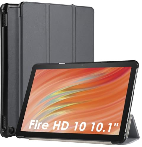 WD&CD Cuero Funda Compatible para Amazon Fire HD 10/10 Plus/ 10 Kids/ 10 Kids Pro 2023 10.1, Protector Compatible con Amazon Fire HD 10, Caso Carcasa Case Libro de Cuero con Soporte Función, Gris