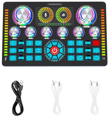 Q7 Live Sound Card, Live Sound Board, Voice Changer Audio Mixer, Sound Effects Board, for Live Streaming Podcasting Recording, Led Light, Dj Mixer, Soundboard, Voice Changer, Black