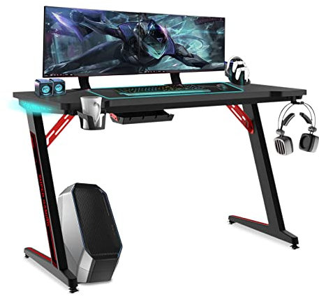 YRHome 120 x 60cm Gaming-Tisch mit RGB LED-Beleuchtung， Getränkehalter, Headsethalterung & Kabelkanal für Kabel Schreibtisch Computertisch Tischplatte Bürotisch Stabiler Arbeitstisch 150KG Schwarz