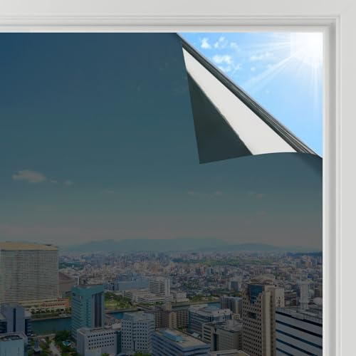 rabbitgoo Film Fenetre Anti Regard Miroir, 75x400cm, Film Miroir pour Fenetre sans Tain, Brise Vue Vitre Adhesif Anti Chaleur Anti UV, Filtre Occultant Fenêtre Protection de Soleil, Noir Argent