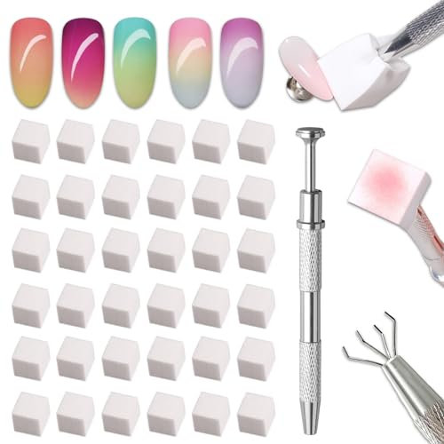 100 Pcs Soft Nail Sponges with 4 Claws Metal Grabber, Wsimily White Mini Nail Sponges for Ombre Metal Grabber Pen Nail Brush Nail Supplies Manicure Nail Art Tools Nail Accessories
