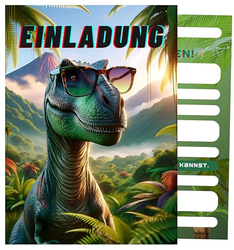 HIDEBLOOM Dino Einladungskarten Kindergeburtstag Junge I 12 Stück I DIN A6 (10,5 cm x 14,8 cm) I Einladung Geburtstag Kinder I Kinderparty I Einladungskarten Dinosaurier Sonnenbrille
