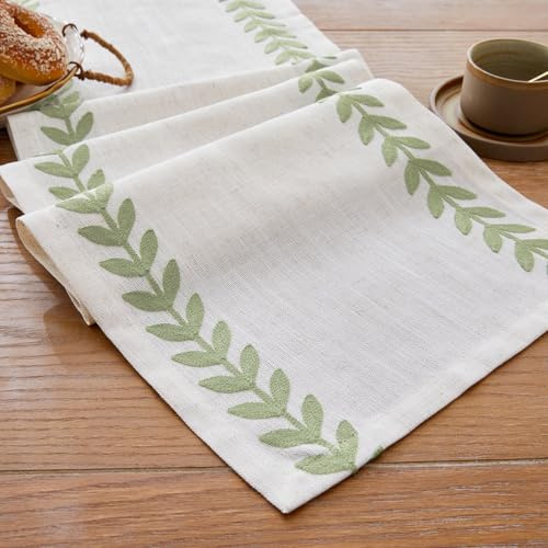Wracra Runner Tavola Moderno Lavabili, Runner Verde Salvia da Tavolo | 90 cm, ricamate con foglie, moderno rustico, tessuto intrecciato, resistenti al calore, spesso e resistente