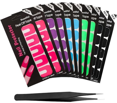 100pcs Nail Polish Guards Nail Polish Protectors Stickers for Painting Nails U-Shaped Cuticle Protector with Tweezers, Polish Guards Nail Art Plastic Peel Off Sticker (5 Color)