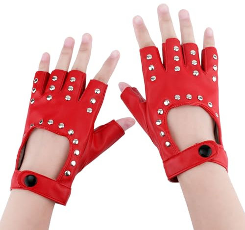 Mikovivi Punk Halbfinger-Lederhandschuhe für Damen, Modische Rote Fingerlose Lederhandschuhe Biker-Punk-Handschuhe mit Nieten für Halloween Damen Mädchen Geschenk Cosplay Auftritt