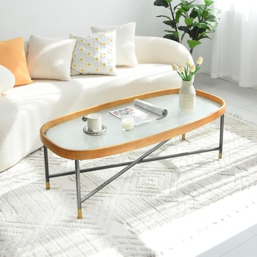 Ovaler Couchtisch aus Glas, Tischplatte aus gehärtetem Glas und Metallrahmen, Cocktailtisch, Beistelltisch für kleinen Raum, Wohnzimmer, Schlafzimmer, Möbel, Glas-Couchtisch, Eisglas (Striped Glass)