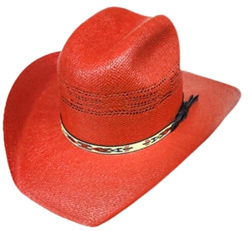 Modestone Chapeau de cowboy traditionnel Bangora Rodeo en paille avec bandeau rouge, Rouge, 6 7/8
