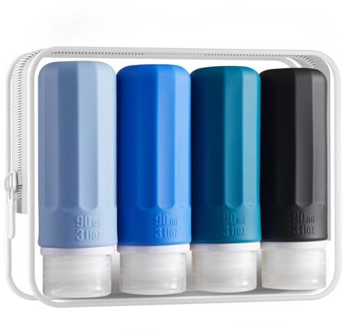 INSFIT Set of 4 Silicone Travel Bottles Set, FDA Approved 90 ml Travel Size Containers, BPA-Free, Leak-Proof, Squeezable Silicone Tubes for Shampoo, Conditioner, Lotion, Shower Gel with Labels