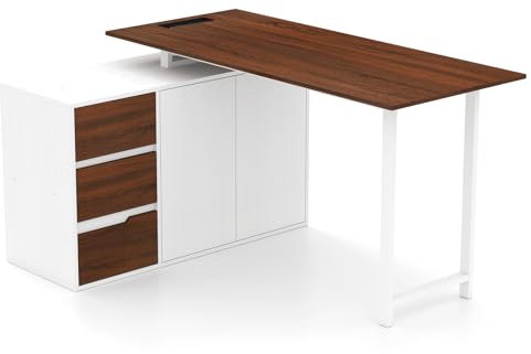 CASART Computer Desk with Power Outlets, L-Shaped Corner Gaming Writing Desk with File Cabinet & 3 Drawers, 138CM Reversible PC Laptop Table Computer Workstation for Home Office Study (Brown+White)