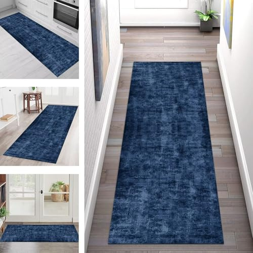Teppich Läufer Flur Küche rutschfest Waschbar Teppichläufer Flur Dunkelblau 120X300CM Modern Teppichläufer Fußmatte Polyester Anpassbar für Vorzimmer Eingangsbereich Schlafzimmer Wohnzimmer Küche