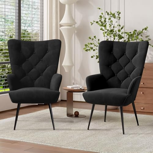 Hawthyhome 2er-Set eleganter Sessel polsterstuhl Ohnzimmer Sessel Schminktisch Stuhl mit Metall Beinen fürs Wohnzimmer/Schlafzimmer Bis 150 KG belastbar Schwarz